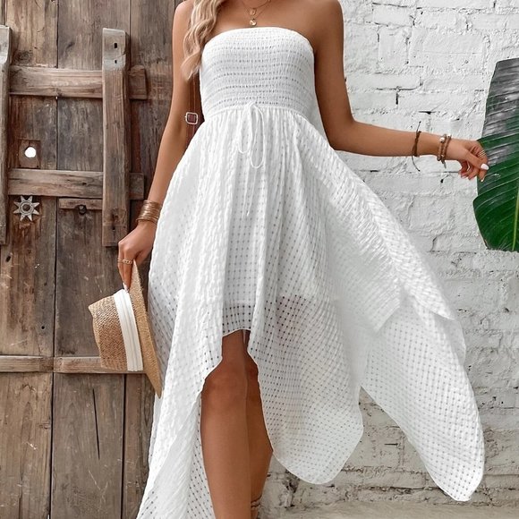 White Womens Plaid Knot Front Asymmetrical Hem Tube Dress - Picture 5 of 5